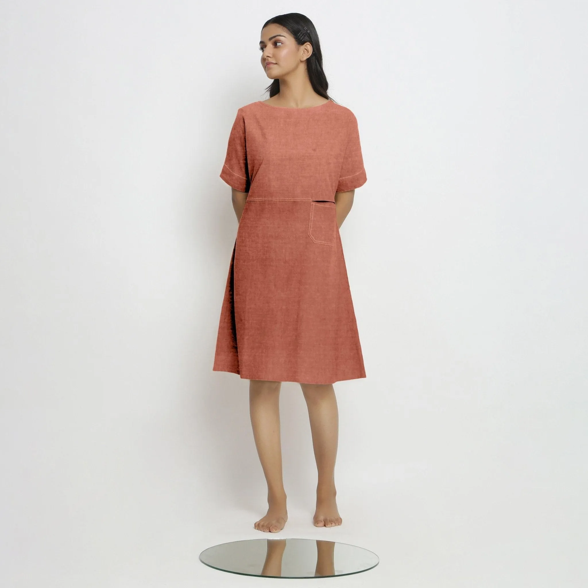 Rust 100% Linen Yoked Knee Length Shift Dress