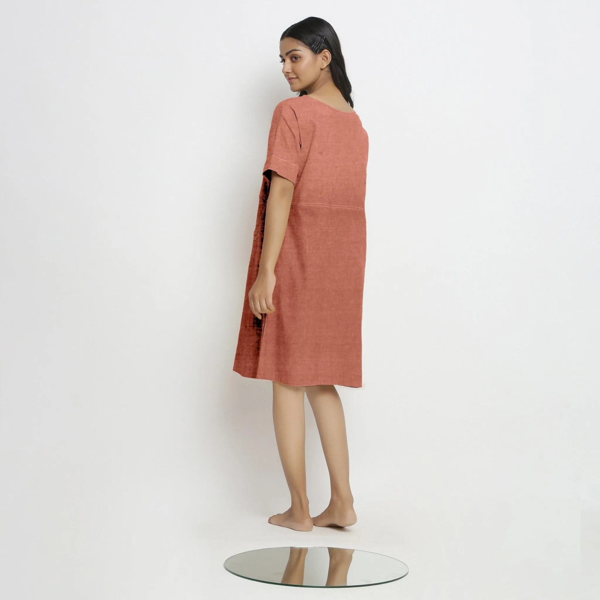 Rust 100% Linen Yoked Knee Length Shift Dress