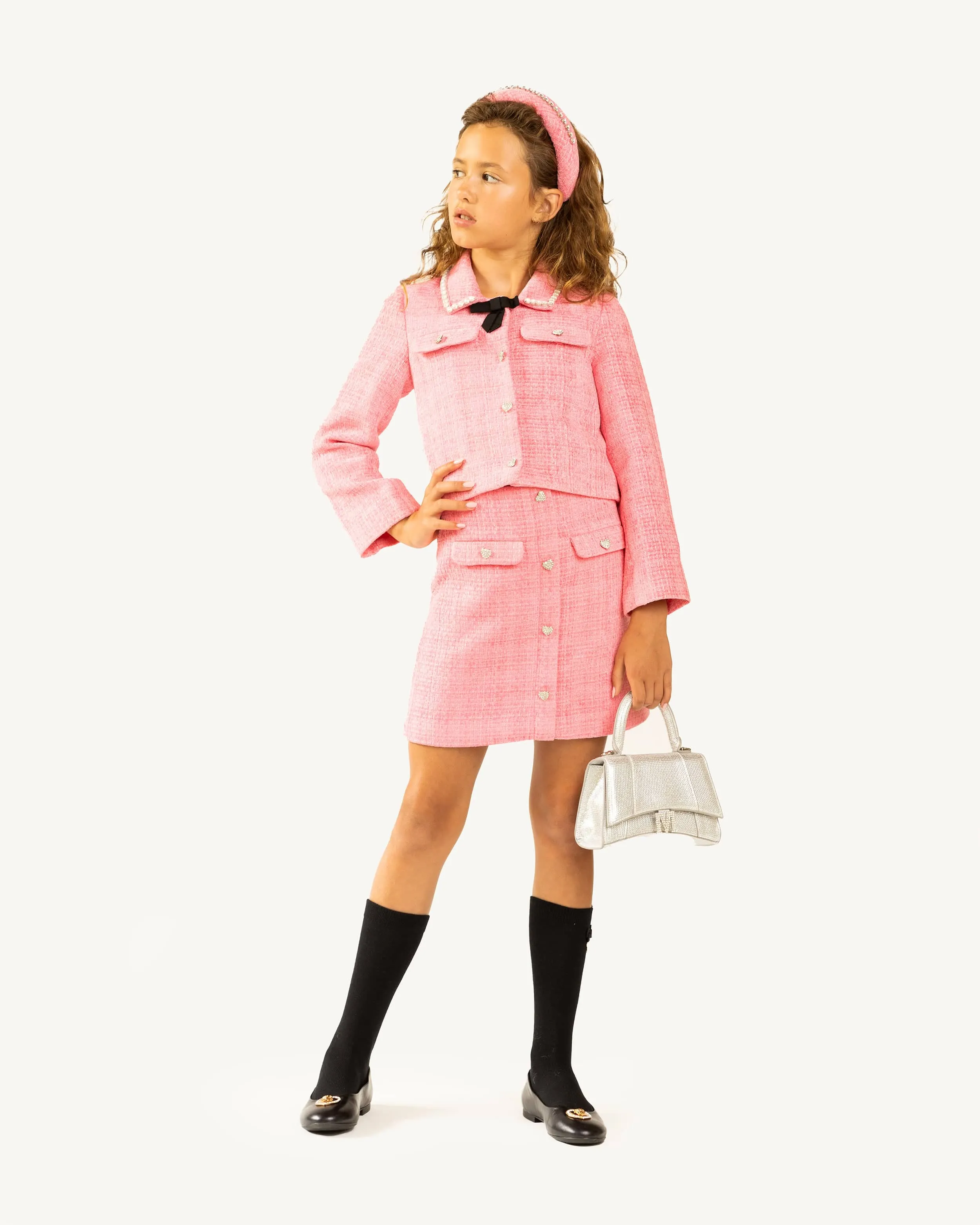 Self Portrait Girls Textured Woven Jacket in Pink