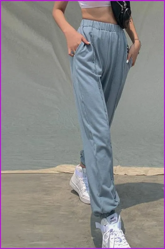 Side Pocket High Waist Blue Jogger Pants DA138