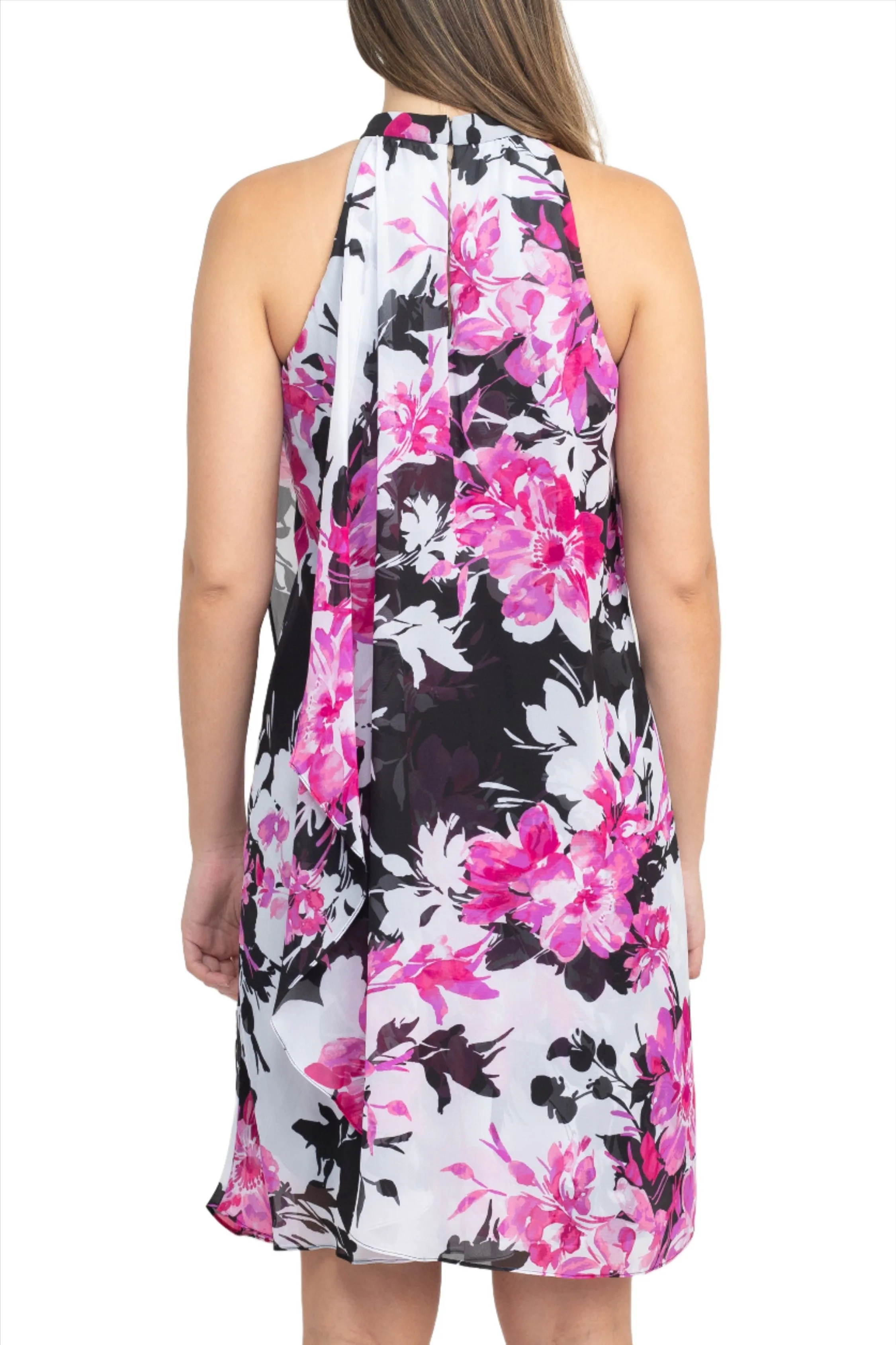 SL Fashion Halter Neck Sleeveless Floral Print Overlay Chiffon Dress