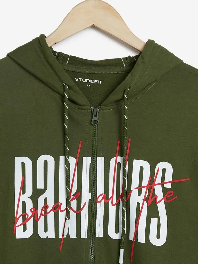 Studiofit Olive Text Print Hooded Crop Jacket