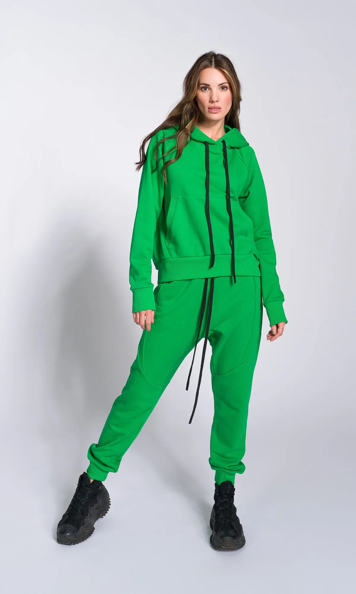 Two-piece Set of Drop Crotch Jogger Pants and Hooded Sweatshirt