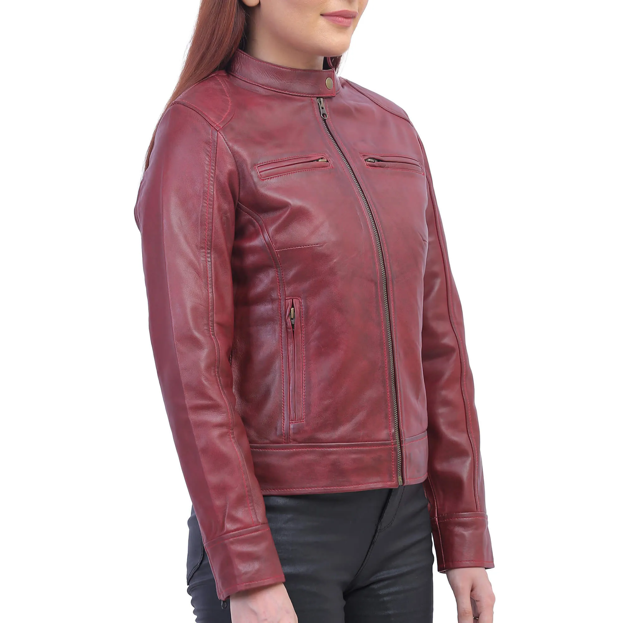 Woman Maroon Biker Jacket