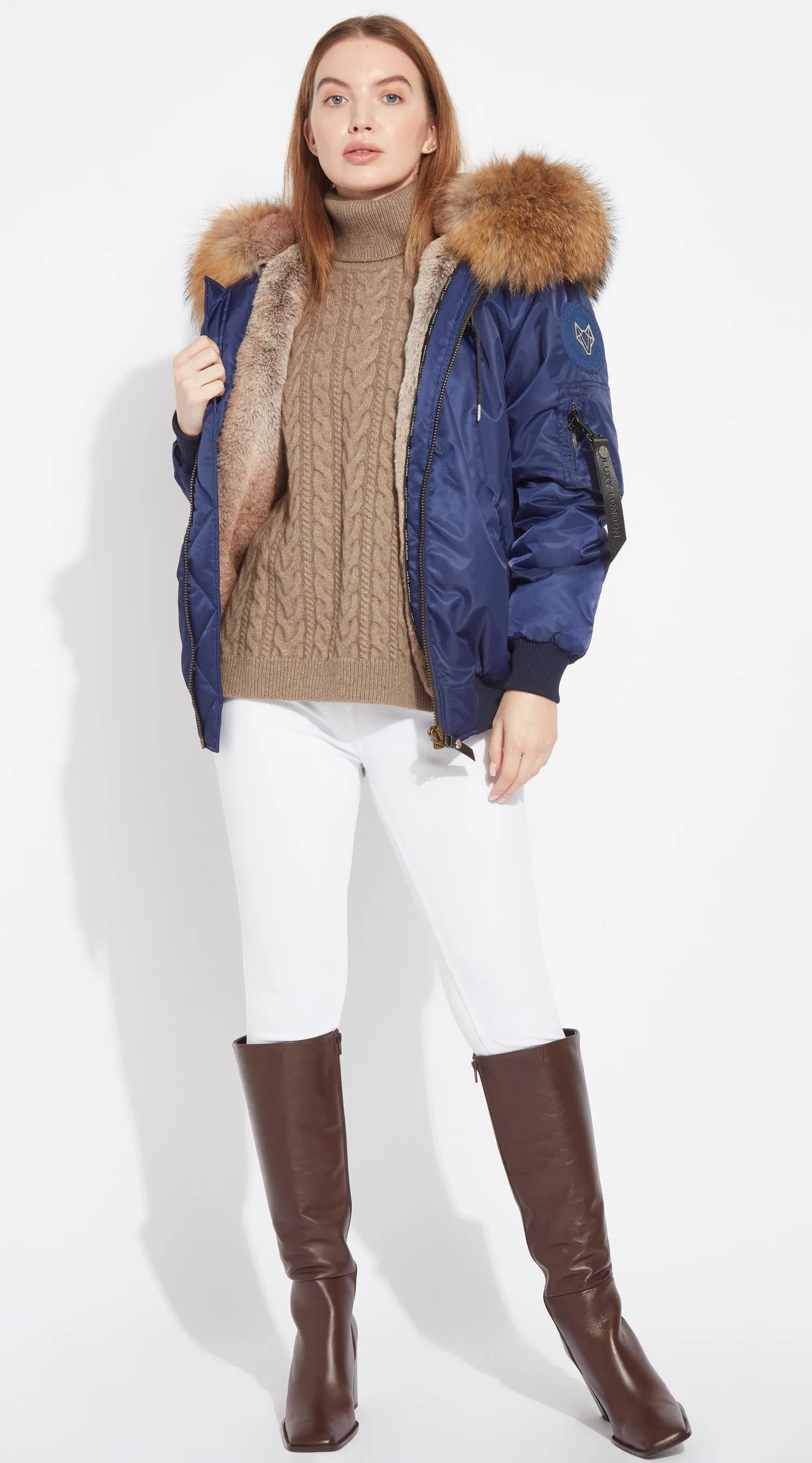 Womens Navy Luxy Fur Bomber - Natural