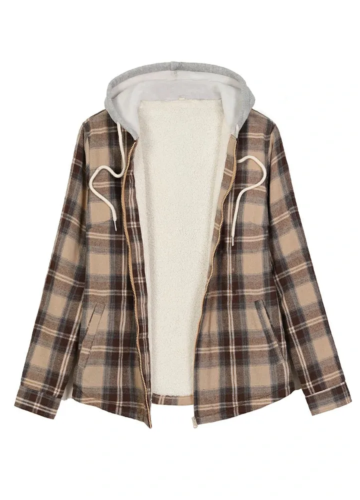 Women's Sherpa-Lined Full Zip Up Flannel Jacket with Fleece Hood