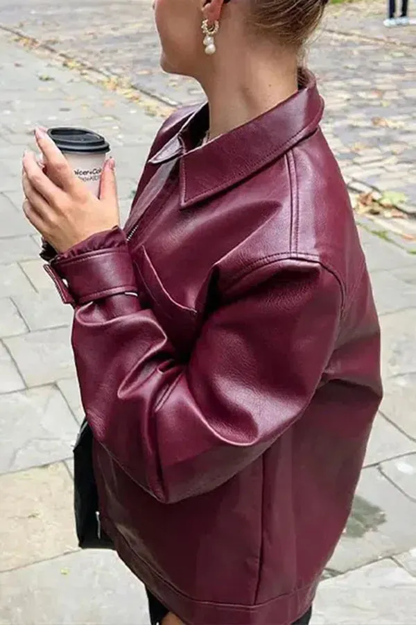 Y2K Burgundy Faux Leather Pocketed Zipper Loose Jacket